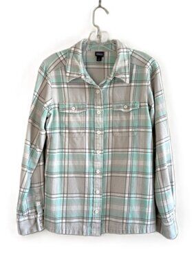 Patagonia Fjord Cotton Flannel Plaid Button Up Shirt, 6, Gray Green Outdoor